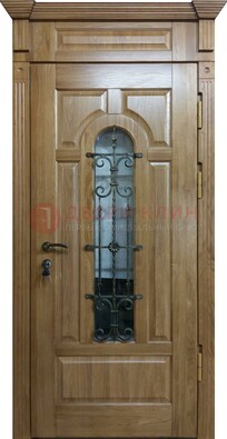 Металлическая дверь массив со стеклом и ковкой для дома ДСК-246